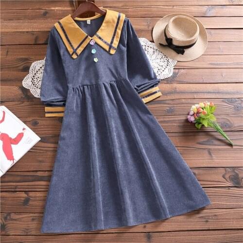 Winter fashion mori girl vestidos japanese style long sleeve women solid dress