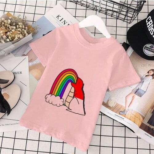2021 Fashion Dinosaur Spit Rainbow Graphic Tees T Shirt For Kids Summer Boys Tops Novelty Tshirt Children Cute Baby Girl Clothes