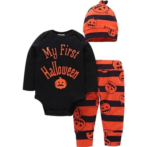 3pcs/set Romper+Pants+Hat 0-3 Years Halloween pumpkin Baby Toddler Boy Girls Long Sleeve Tops T-Shirt clothes Kids Play Mats