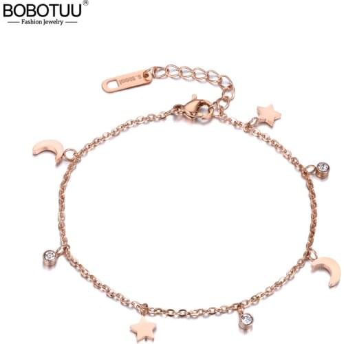 BOBOTUU Trendy Bracelet Moon & Star & CZ Crystals Rose Gold Color Stainless Steel Bracelet Link Chain Christmas Gift BB18186