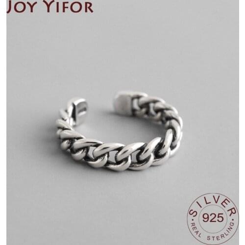 Charm 925 sterling silver wide chain rings silver vintage wild square strip chain open rings for women fine jewelry gift