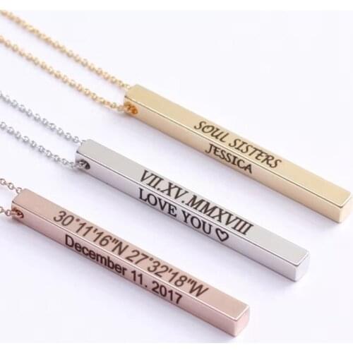 Long Vertical Bar Necklace Custom Engraved Name Necklaces Personalized Jewelry Black 3D Bar Pendant Choker Roman Numerals Kolye