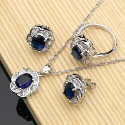 Blue Zircon White CZ Jewelry Sets For Women 925 Silver Jewelry Earrings/Pendant/Necklace/Rings