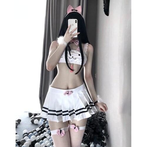 Anime Cosplay Costumes Cat Cos Short Tube Mini Skirt Set Erotic Kawaii White Kitty Top Uniform for Women Sailor Moon Outfit