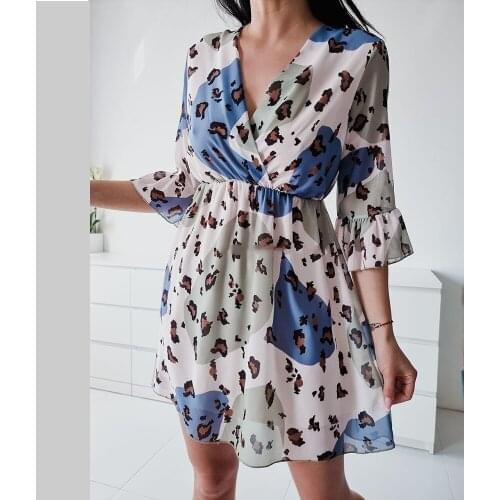 Summer Women Sexy Leopard Print Mini Dress 2021 Woman Elegant Deep V-neck Empire Ruffle Sleeve Casual Beach Dresses Femme Robe