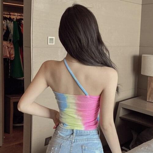 7213 Summer Slant One Shoulder Rainbow Vest Suspender Vitality Girl With Bottom Coat On The Inside Short Coat On The Outside
