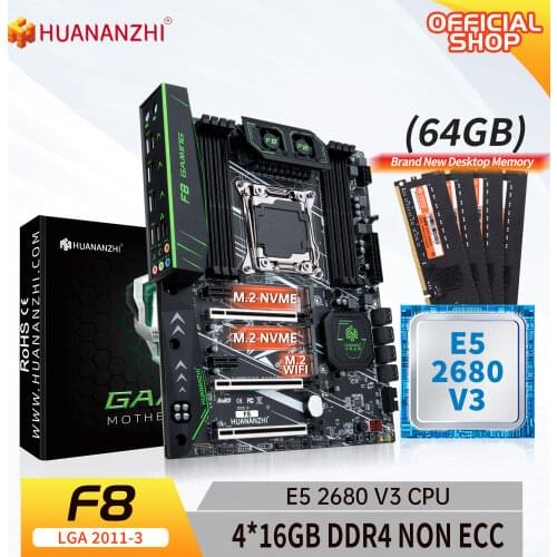 HUANANZHI X99 F8 X99 Motherboard with Intel XEON E5 2680 V3 with 4*16G DDR4 RECC memory combo kit set NVME SATA USB 3.0