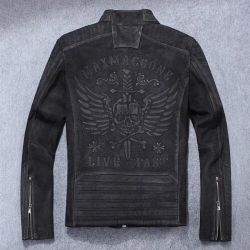 2020 Vintage Black Men American Skulls Motorcycle Leather Jacket Plus Size XXXXL Genuine Thick Cowhide Spring Bikers Coat