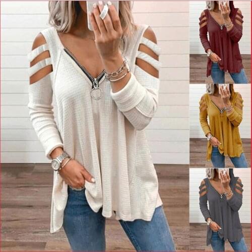 New Sexy Hollow-Out Shirts for Women Zipper V-neck Pullover Lady Fashion Casual Tee Tops Long Sleeve Loose Tshirts Plus Size