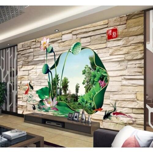 Beibehang Custom Wallpaper Home Decorative Mural 3D Retro Culture Brick Lotus and Fish TV Background wall mural 3d wallpaper
