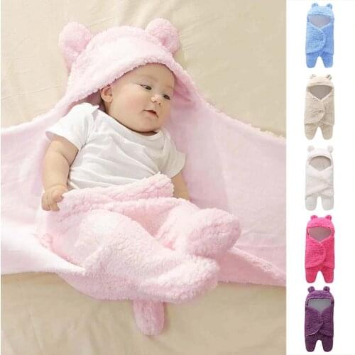 Baby Blankets Cute Bear Ears Infant Toddlers Swaddle Wrap Warm Fleece Pink Baby Sleeping Bag Bedding Crib Quilt Newborn Envelope