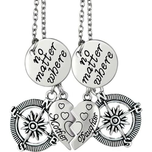 2PC/Set Mother Daughter Compass No Matter Where Chain Heart Pendant Necklace Jewelry For Women Girl Mothers Day Gift