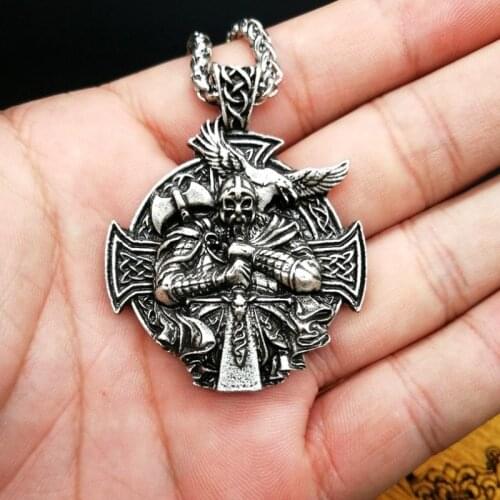 Vintage Fashion Viking Knot Odin with Axe and Crow Cross Sword Necklaces for Men