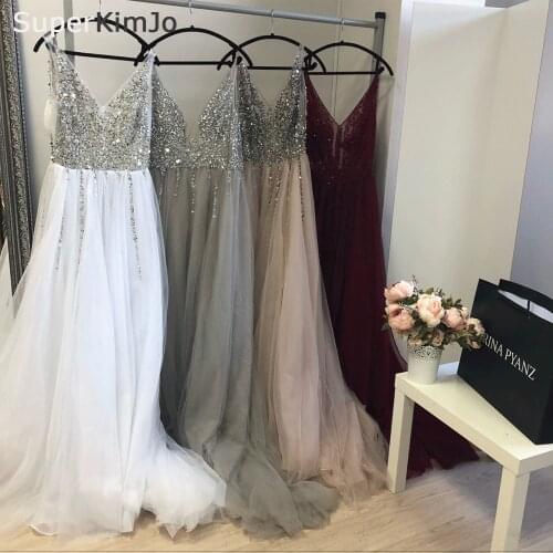 SuperKimJo Robe De Soiree Beaded Prom Dresses Long V Neck Sleeveless A Line Tulle Prom Gown Vestido De Fiesta De Boda