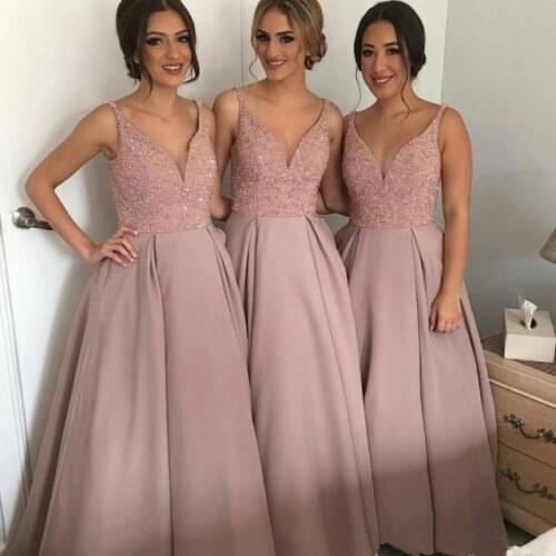 Dusty Pink Bridesmaid Dresses Beadings V-neck Spaghetti Straps A-line Long Bridal Guest Wear vestidos dama de honor largos