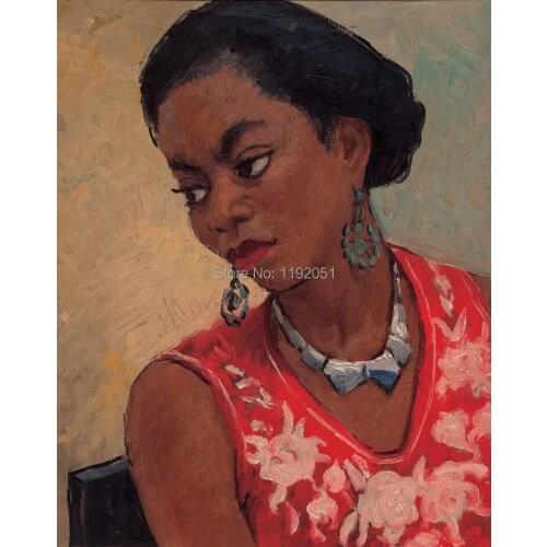 Portrait paintings Chinese paintings contemporary artist masterpiece posters canvas prints black woman with silver earings