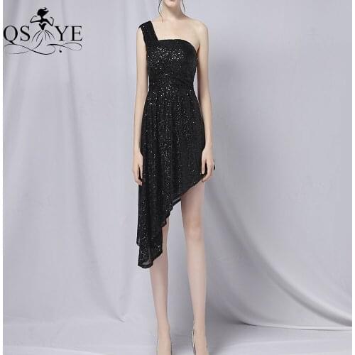 Asymmetrical Black Prom Dresses One Shoulder Sequin Evening Gown Short Girl Party Dress Ruched Cocktail Gown Pleat Black Dress