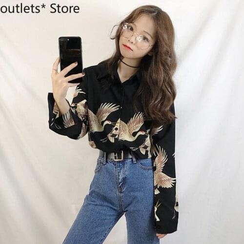Retro Japanese Traditional Kimono Dress Fairy Crane Floral Print Long-sleeved Blouse Loose Skinny Black Chiffon Top