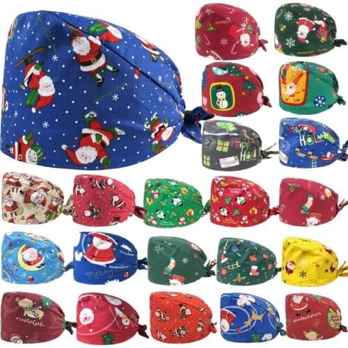 Christmas Scrub Hat Cartoon Printed Cotton Adjustable Bandage Cap Women Men Beauty Salon Laboratory Pet Shop Working Cap Gorros