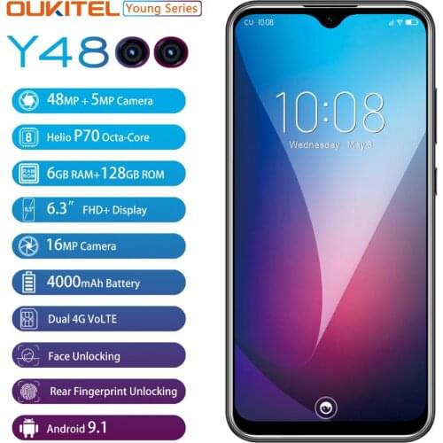 OUKITEL Y4800 6.3"19.5:9 FHD+ Android 9.0 Mobile Phone Octa Core 6G RAM 128G ROM Fingerprint 4000mAh 9V/2A Face ID Smartphone