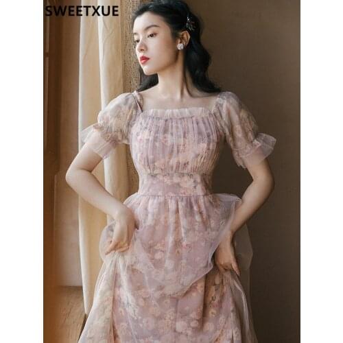 SWEETXUE French Floral Dress Female Spring And Summer 2021 New Light Pink Mesh Fairy Long Chiffon Dress French Retro Women