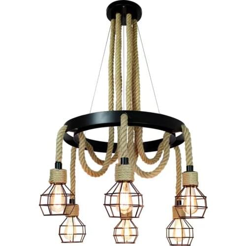 Vintage Led Hemp Rope Pendant Lights Edison Iron Pendant Lamp Industrial 6 Heads Chandelier Light Fixture for Restaurant Coffee