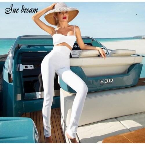 High Quality Spaghetti Straps White Bandage Jumpsuit 2021 New Rayon Elegant Celebrity Woman Party Wear Vintage Bodycon Jumpsuit