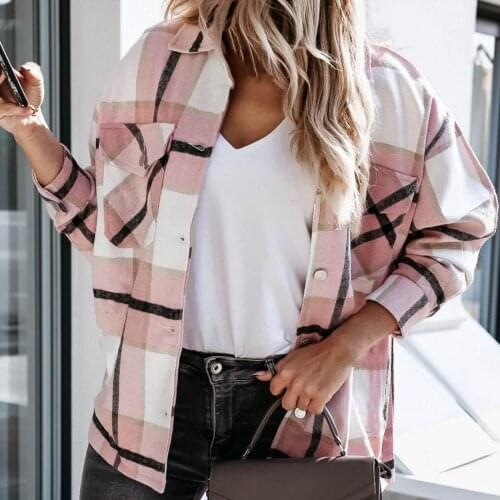 50% Dropshipping Autumn Women Plaid Turn-down Collar Jacket Long Sleeve Single-breasted Coat