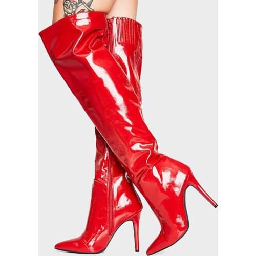 Dovereiss Fashion Womens Shoes Winter Pointed Toe Sexy Zipper New Concise Red Silver Over the knee boots Stilettos heels 34-48