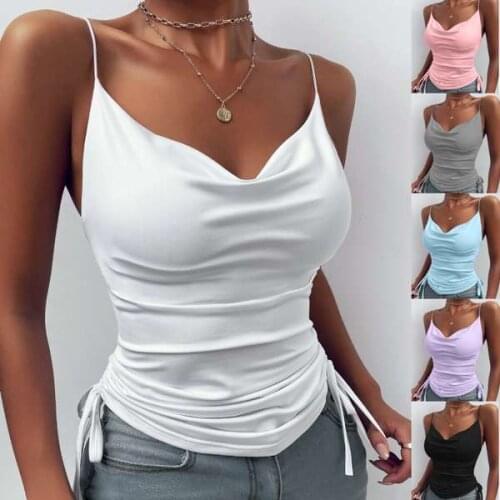 2021 Summer Women Sexy Pure Color Thin Draw Rope Wrinkled Sling Vest Casual Cotton V-neck Sling Tops for Women Clothes