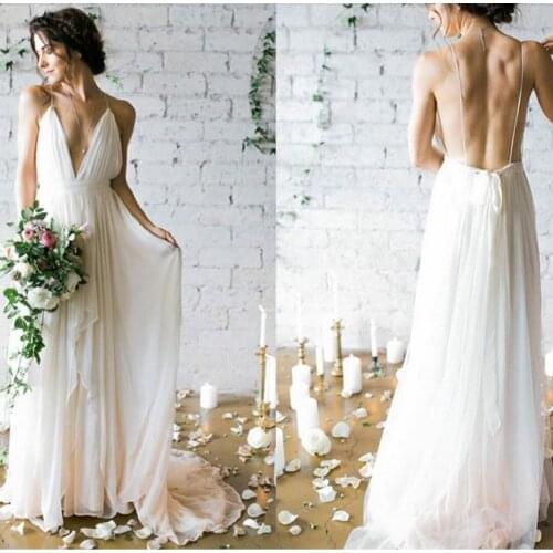 Sexy Deep V-Neck Long Wedding Dresses with Pockets Backless Chiffon Vestidos de Novia Abendkleider Bridal Gowns for Women