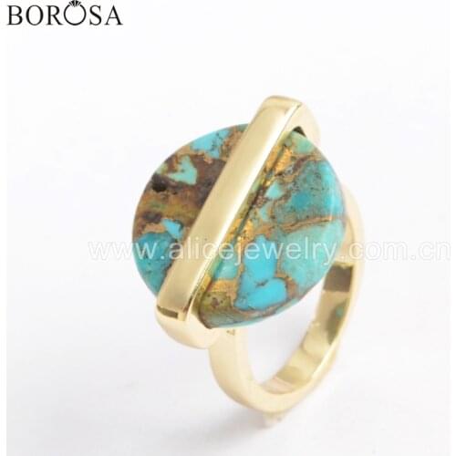BOROSA 5/10PCS New Gold Plated Bezel 19mm Round Shape Copper Natural Turquoises Ring Natural Gems Stone Rings Jewelry ZG0380