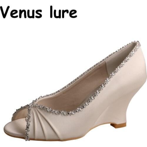 Wedopus Brand Peep Toe Wedges Shoes for Women Ivory Satin Bridal Wedding Shoes