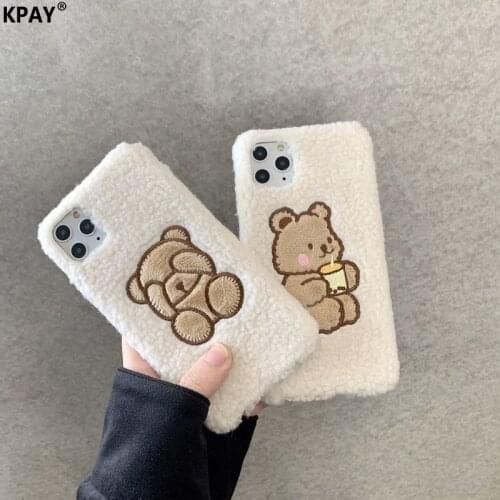 Cute Bear Warm Phone Case For iPhone 11 12 Pro Max 6 7 8 Plus XR XS SE2 Winter Plush Shockproof Mobile Phone Bag Case Cover