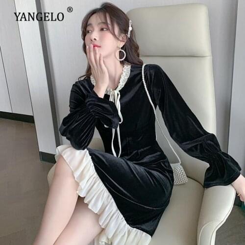 Harajuku Black Dress Sweet Girls Autumn Winter Vevlet Clothes Flare Sleeve Womens Long Sleeve Solid Dress Niche Topic