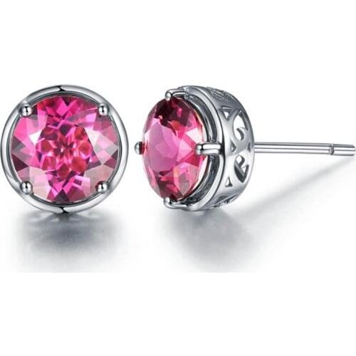 BLACK ANGEL Round Pigeon Blood 925 Silver Luxury Created Red Tourmaline Stud Earrings For Women Ear Jewelry Christmas Gift