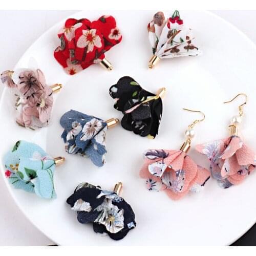 Diy jewelry making 50pcs/lot color flowers pattern print Chiffon handmade tassel florals fit earring/garment pendant accessory