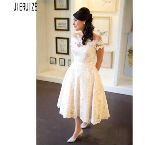 JIERUIZE Short Wedding Dresses Off the Shoulder Short Sleeves Lace Appliques A Line Button Back Wedding Gowns Vestido de noiva