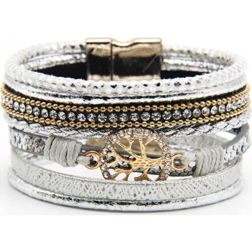 Fashion Braid Leather Bracelets For Women Magnetic Clasp Hollow Tree Alloy Multilayer Wrap Armband Bracelet Femme Trendy Jewelry