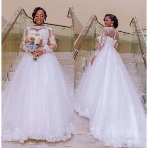 Nigeria African A Line Cheap Wedding Dresses With Sheer Long Sleeve Bateau Neck Plus Size Bridal Gown For Marriage