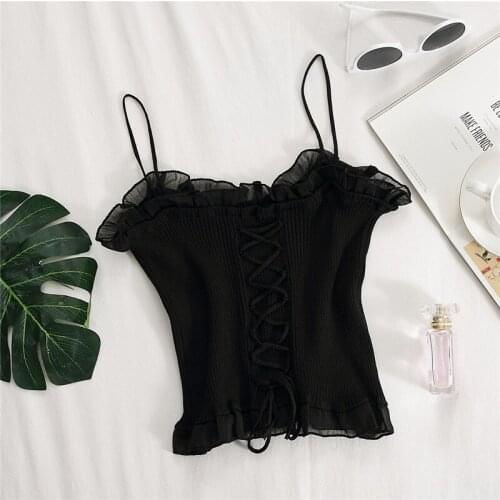 New Summer Women Ruffle Knitted Slim Camisole Top Knitted Fungus Flounce Lace Up Sleeveless Solid Color Bandage Crop Tank Tops