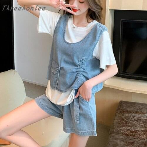 Plus Size Womens Summer Denim Shorts Suits Small Fragrance New Hepburn Casual Denim Vest Shorts Three Piece Set