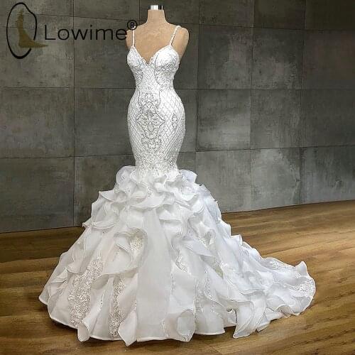 Luxury Beading Mermaid Wedding Dresses Ruffles Spaghetti Straps Court Train Lace Bridal Gowns Vestidoes De Novias