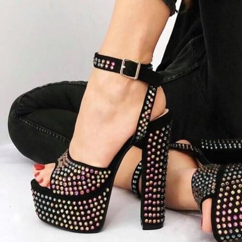 Luxury Bling Bling Crystal Chunky Heels Sandals High Platform Rhinestone Dress Shoes Ankle Strap Women Square Heels Party Shoes