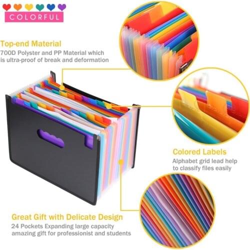 24 Pockets Foldable A4 Paper File Folder Expanding Gusset Bag Pouch Document Holder Organizer Desktop Office