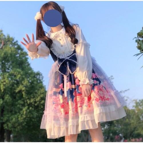 Japanese Kawaii Cartoon Print Sweet Soft Girl Cosplay Tea Party Lolita Dress Summer Preppy Jsk Baby Doll Women Bowknot Dress Y2k