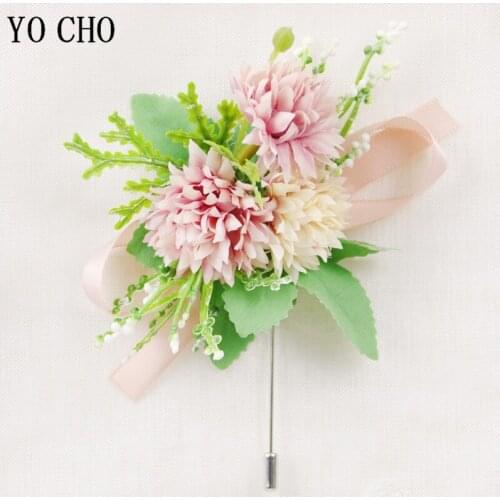 YO CHO Wedding Groom Boutonniere Bridal Hand Wrist Flower Artificial Flower Party Prom Buttonhole Cloth Accessory Brooch Floral