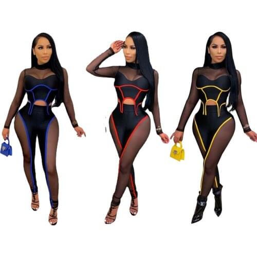 Women Summer Bright Line Decoration Sexy Sleeveless Bodycon Mesh Stitching Sexy Casual 2 Piece Sets