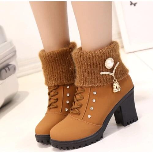 2017 Hot Fashion women high heel half short ankle boots winter snow botas fashion footwear warm heels boot shoes