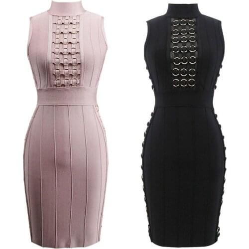 Summer Women Sleeveless Metal Circle Embellished Party HL Rayon Bandage Dress Vestidos